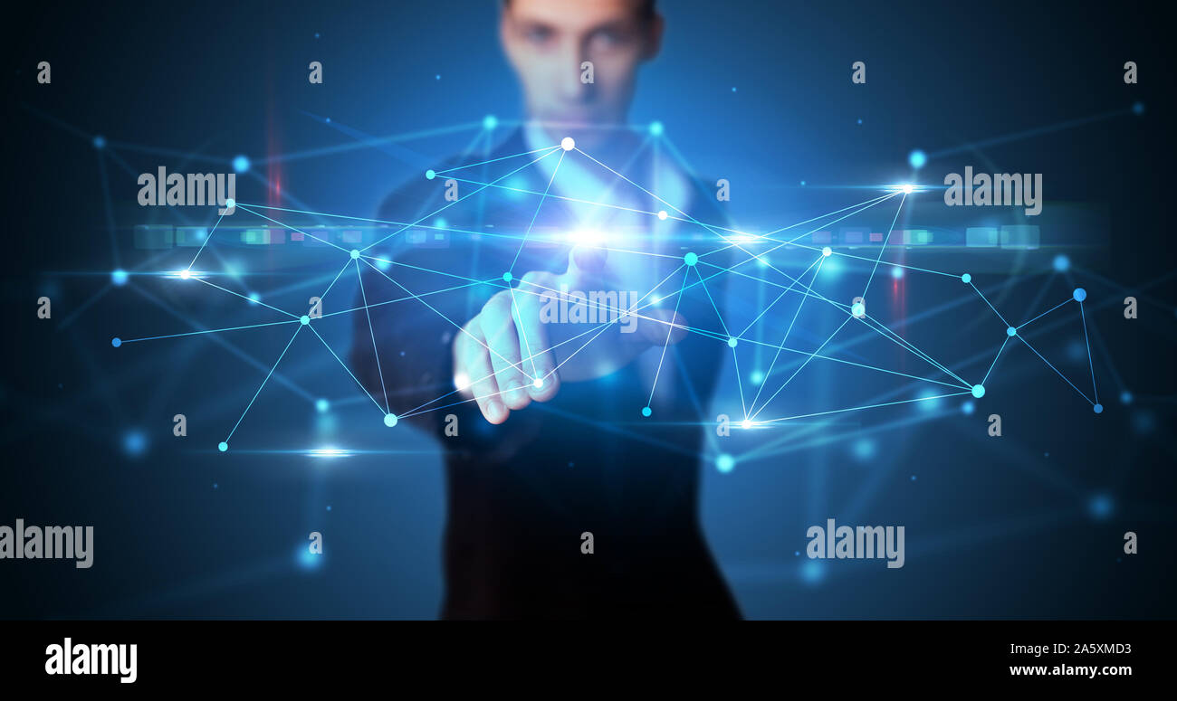 Man touching hologram screen displaying modern web system Stock Photo