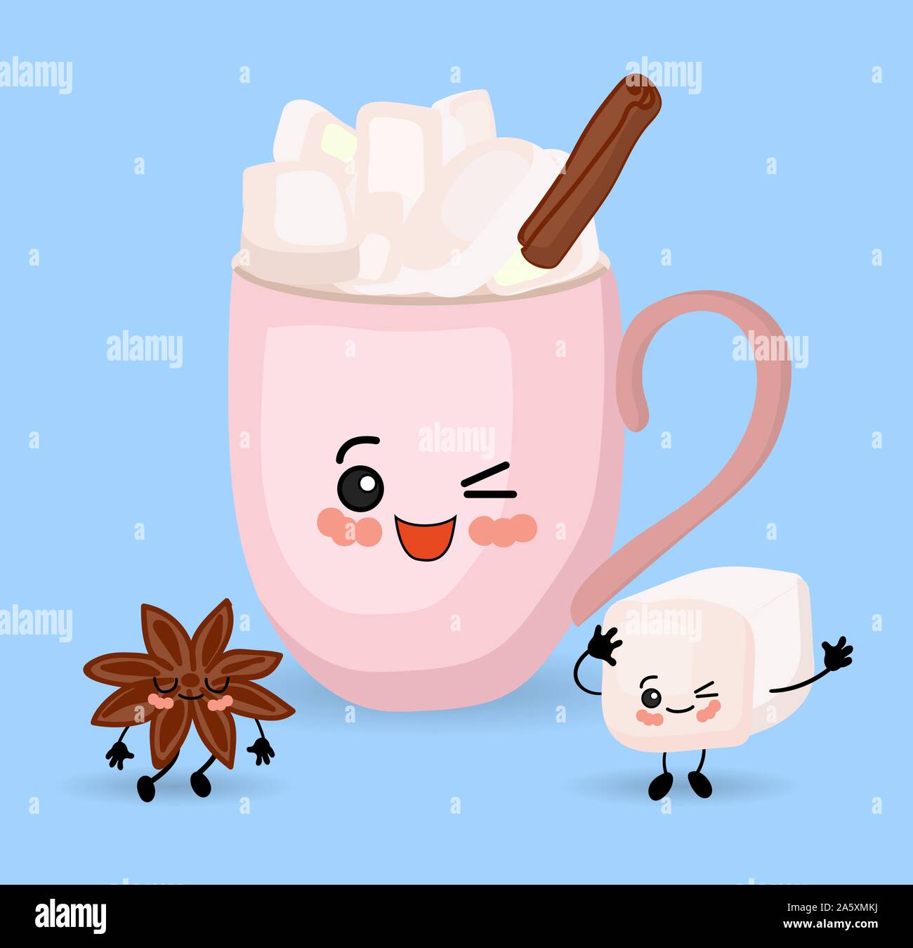 Cute manga cup with cappuccino and marshmallows. Pink color. Funny cartoon  character Stock Vector Image & Art - Alamy