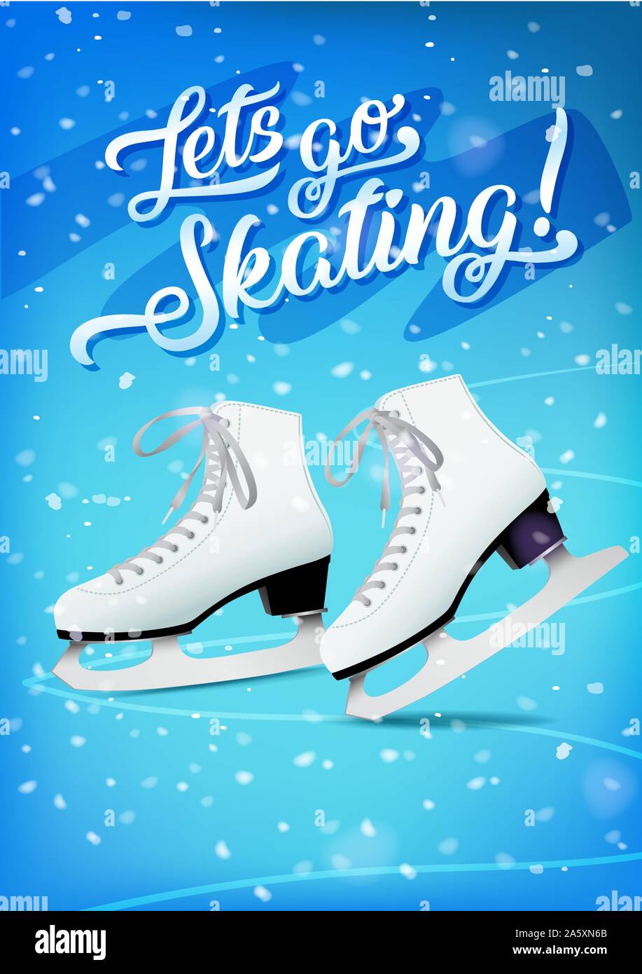 Lets go skating poster with pair of white classic ice skates on blue