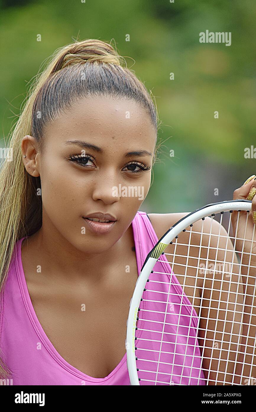 Unemotional Hispanic Teenager Female Tennis Player Stock Photo Alamy