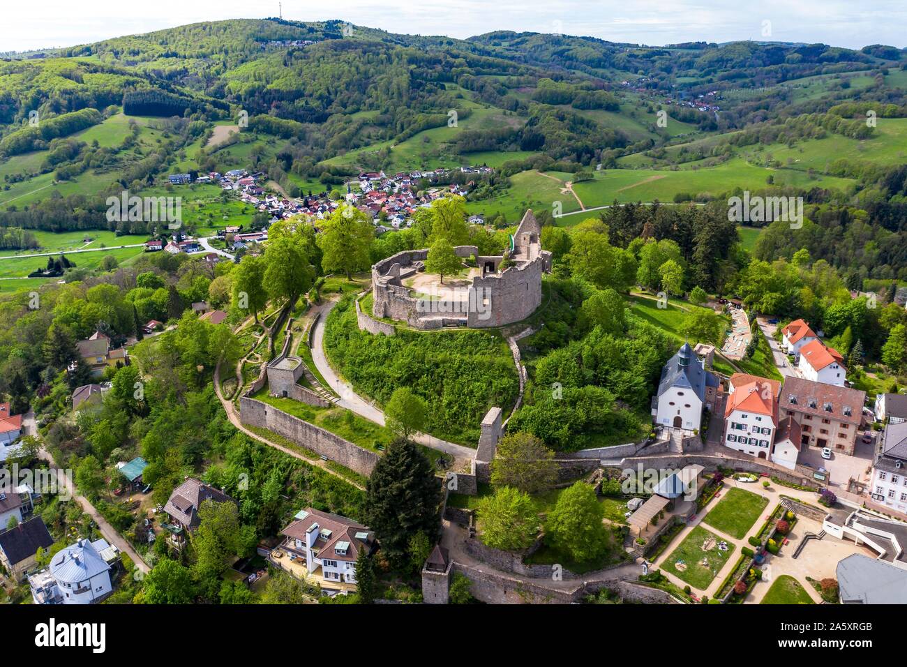 Aerial view of Lindenfels Castle and the medieval town of Lindenfels, Bergstrasse, Hesse, Germany Stock Photo