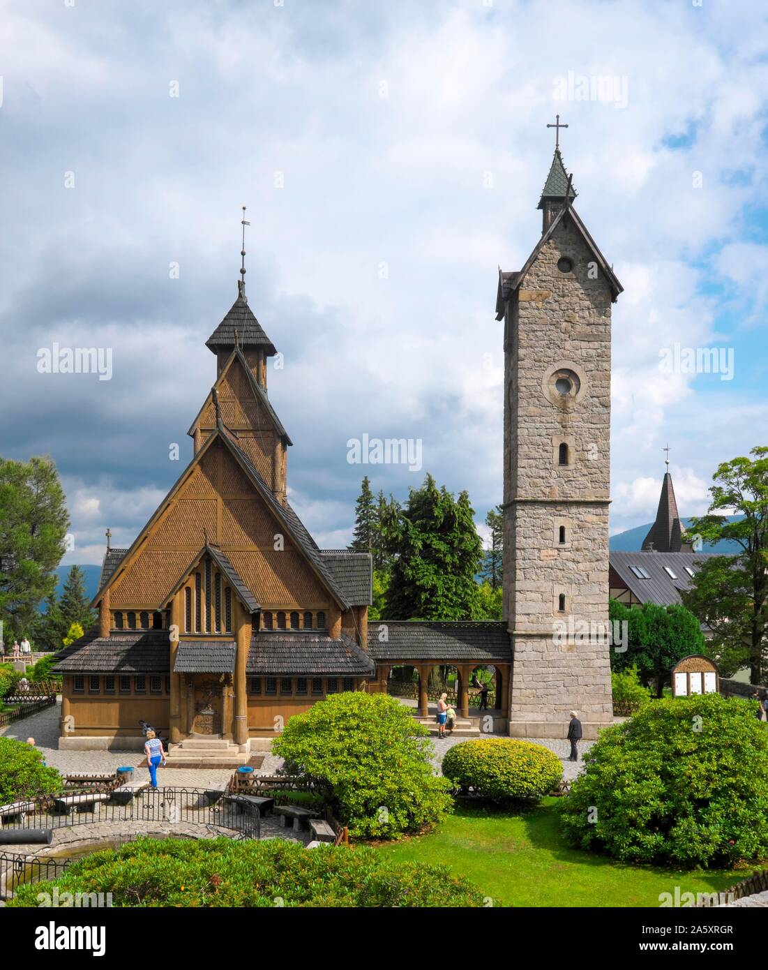 Romanesque stave church Wang with bell tower, Krummhubel, Karpacz, Giant Mountains, Poland Stock Photo