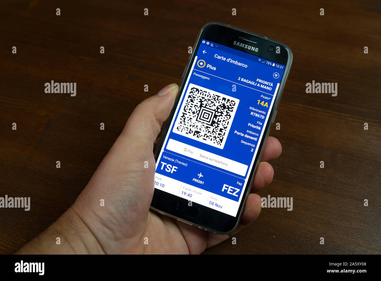 the electronic boarding pass of the airline Ryanair on the smartphone Stock Photo