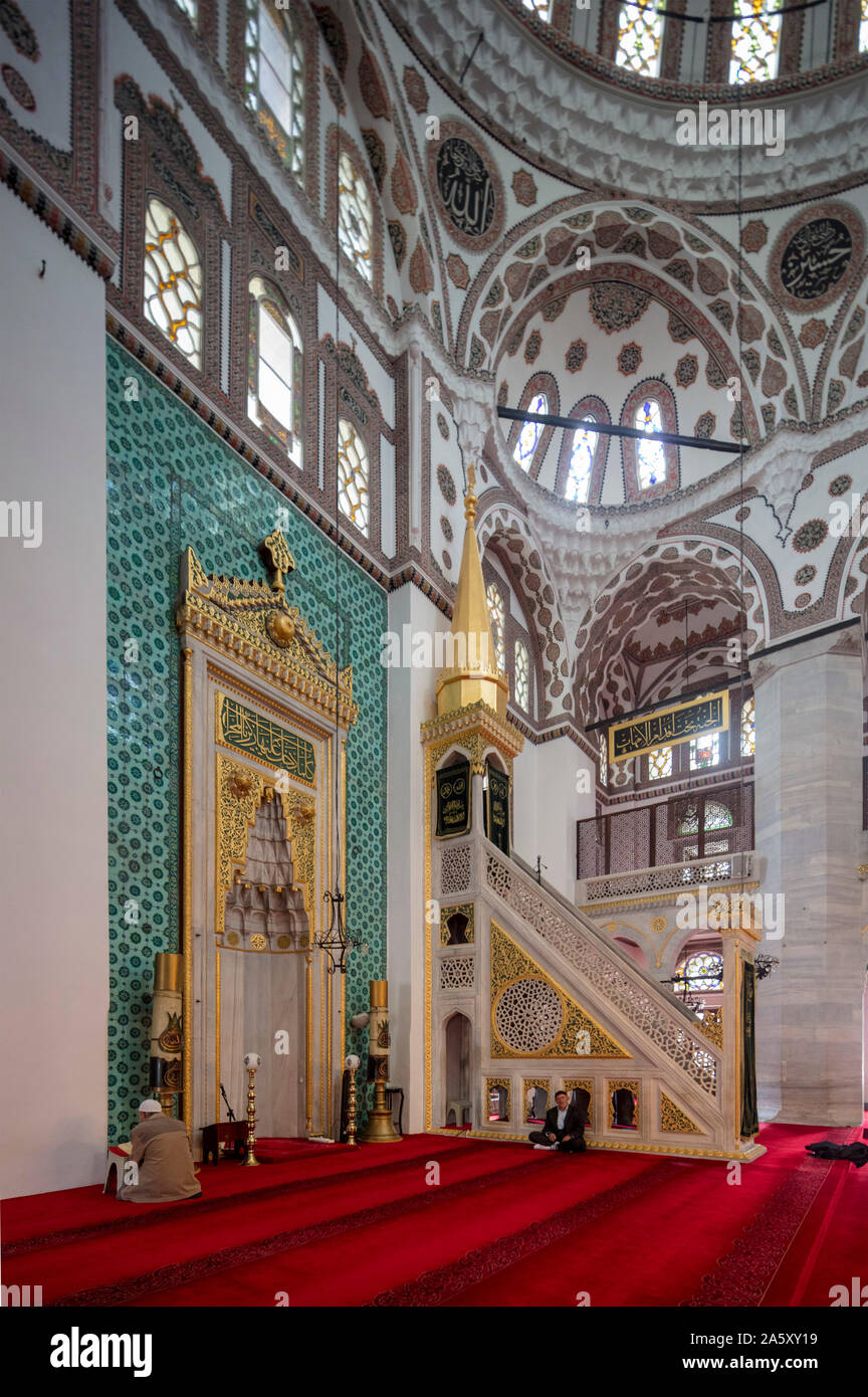 interior, view of mihrab and minbar, the Yeni Valide Mosque, Üsküdar district of Istanbul, Turkey Stock Photo