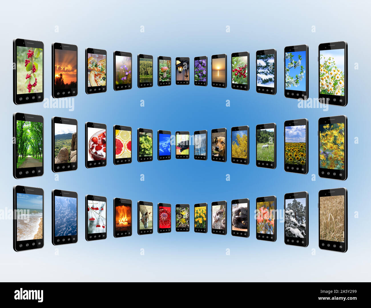 Smartphones with different photo in rows. Mobile phones with images of nature. Modern communications. Digital technologies. Smartphones isolated Stock Photo