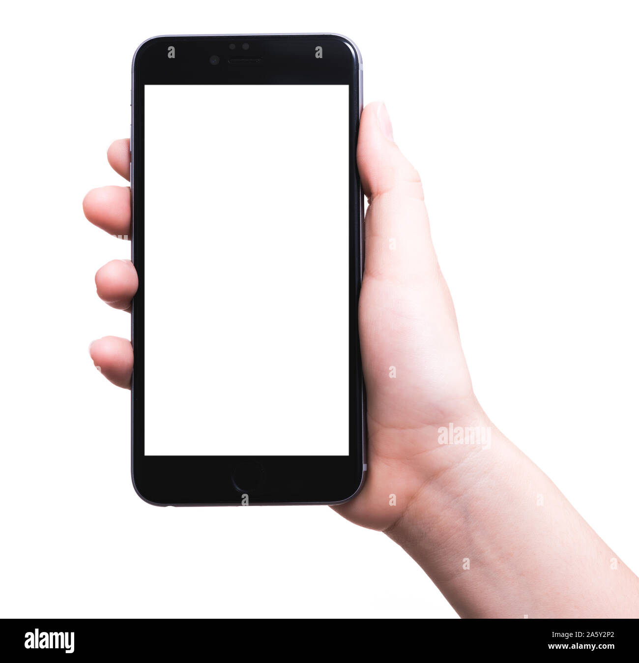 Female hand holding mobile smartphone blank white screen isolated on ...