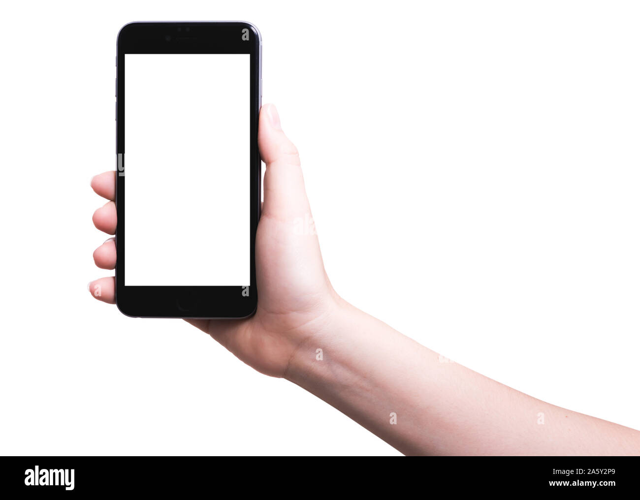 woman hand holding modern smartphone mobile with blank white screen on ...