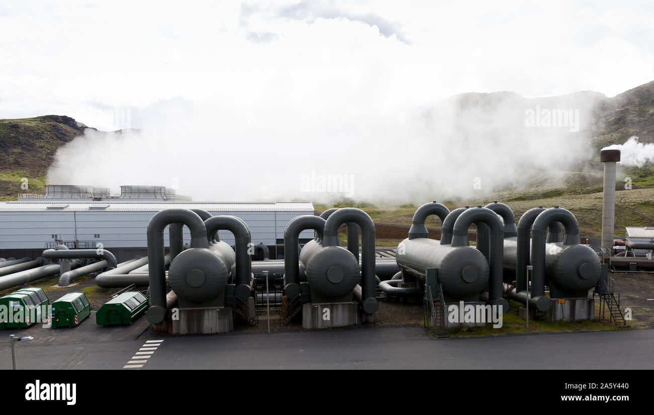 Hellisheidi sustainable energy geothermal power plant station in Hengill, Iceland. Geothermal outlets for steam. Stock Photo