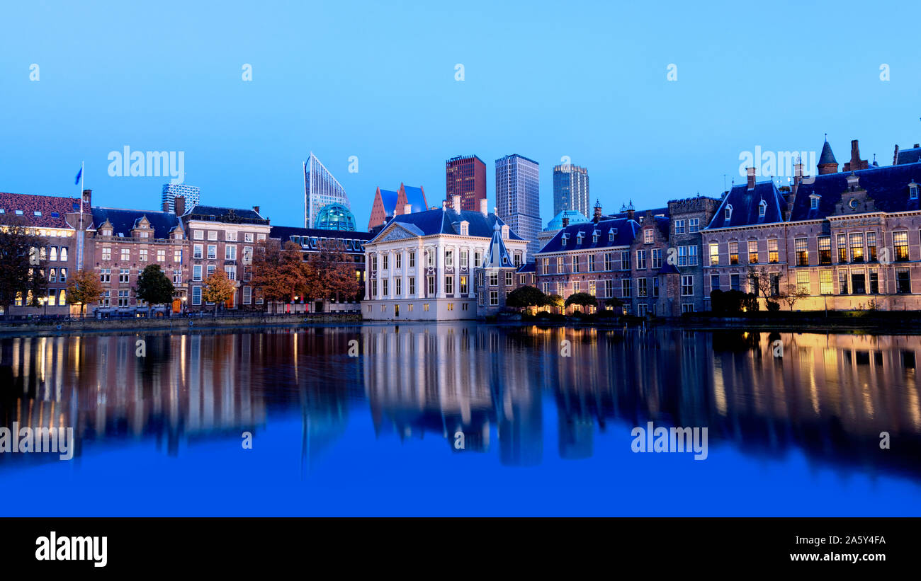Skyline Of The Hague Den Haag with the buildings of the Binnenhof Palace, Mauritshuis Museum and modern office towers. Stock Photo
