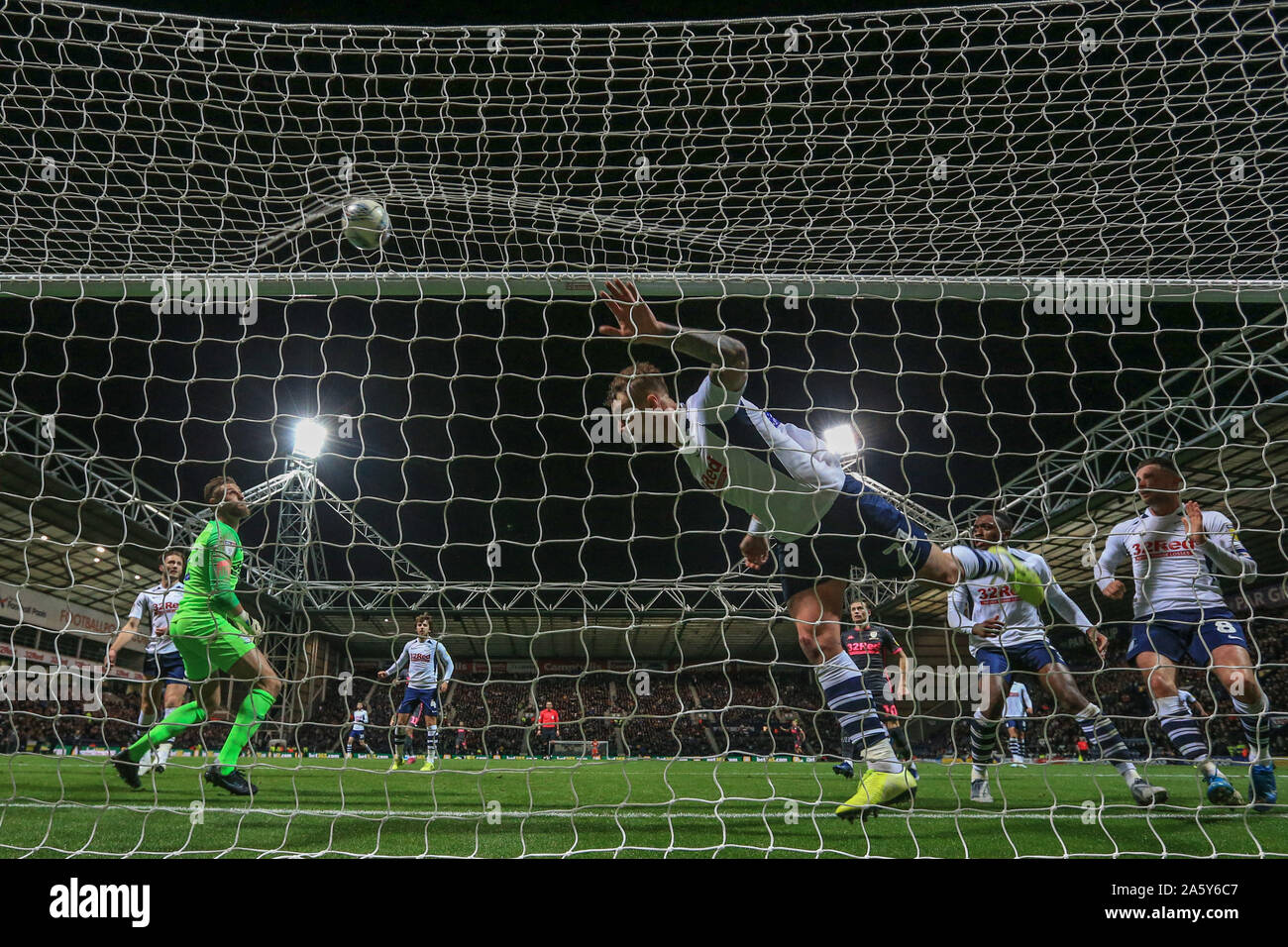 22nd October 2019, Deepdale, Preston, England; Sky Bet Championship, Preston North End v Leeds United : Patrick Bauer (21) of Preston North End heads in a own goal of Eddie Nketiah (14) of Leeds United’s s header on goal  Credit: Mark Cosgrove/News Images Stock Photo
