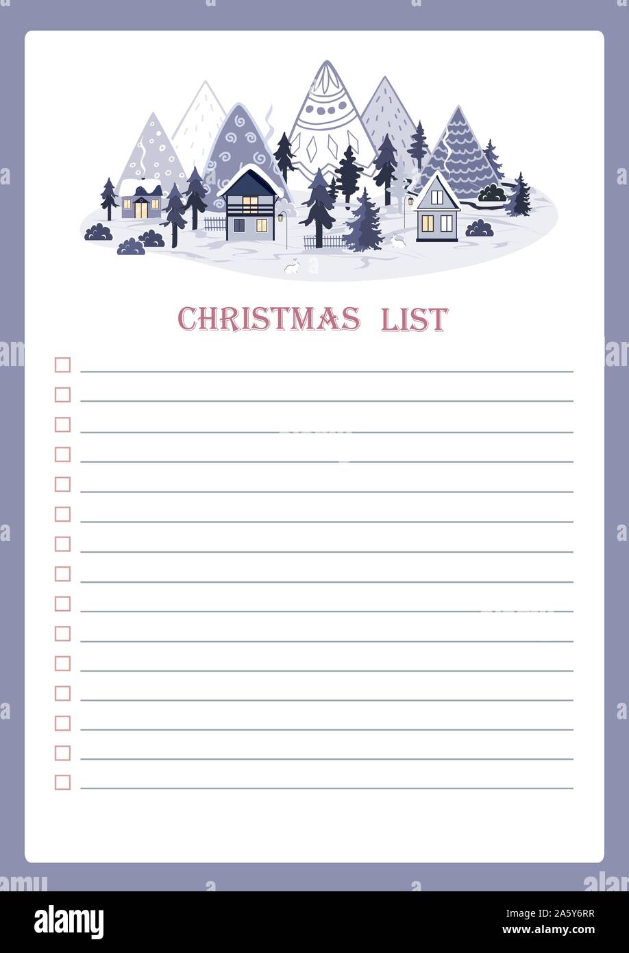 Vector template for Christmas to do list with cartoon winter mountains and houses landscape Stock Vector