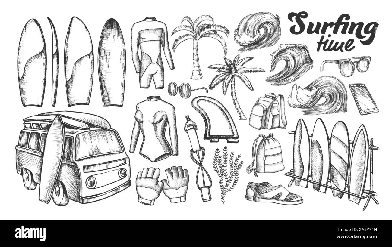 Surfing Time Collection Elements Ink Set Vector Stock Vector Image ...