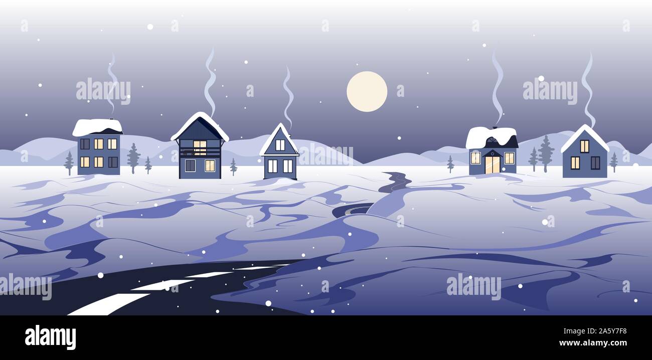 Fairy winter landscape with road, houses and snowy hills. Village with full moon. Happy new year and Merry Christmas card. Vector illustration Stock Vector