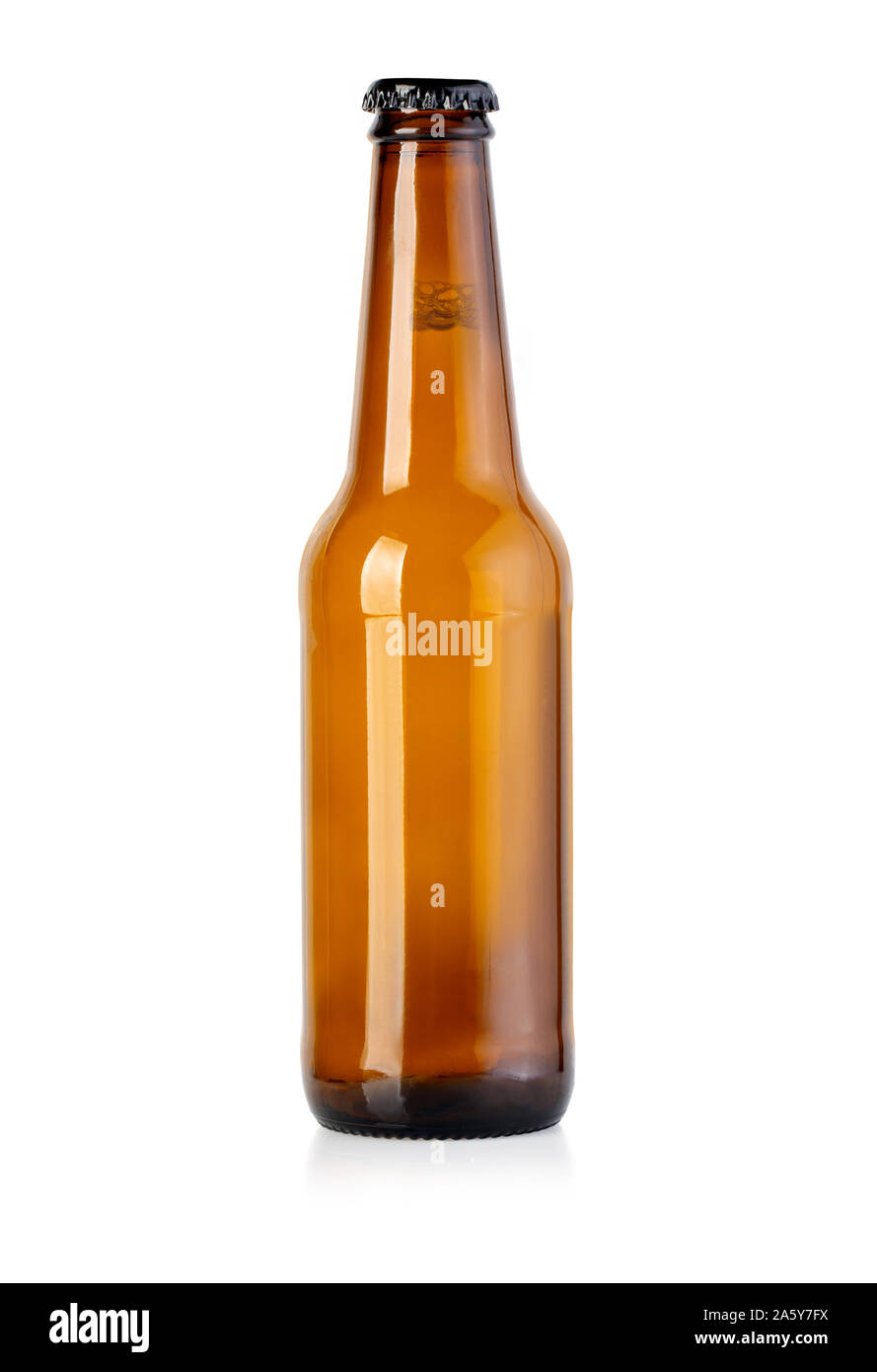 Full brown beer bottle on white background with clipping path Stock