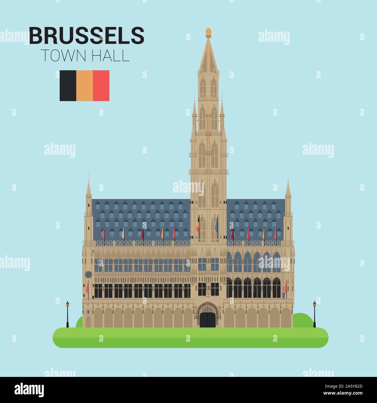 Vector illustration of Brussels Town Hall (Brussels, Belgium). Monuments and landmarks Collection. Stock Vector