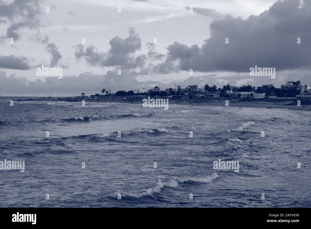 Soft blue ocean wave on clean sandy beach ,Blue ocean wave on sandy beach,sunset and beach - Image Stock Photo