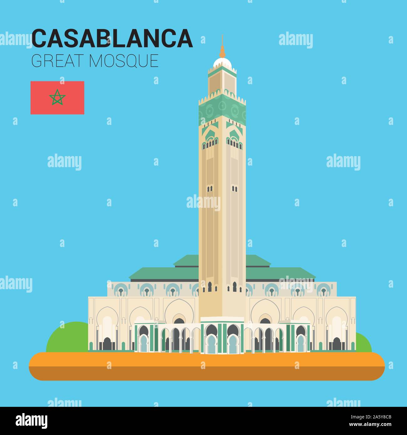 Vector illustration of Great Mosque of Casablanca (Casablanca, Morocco). Monuments and landmarks Collection. Stock Vector