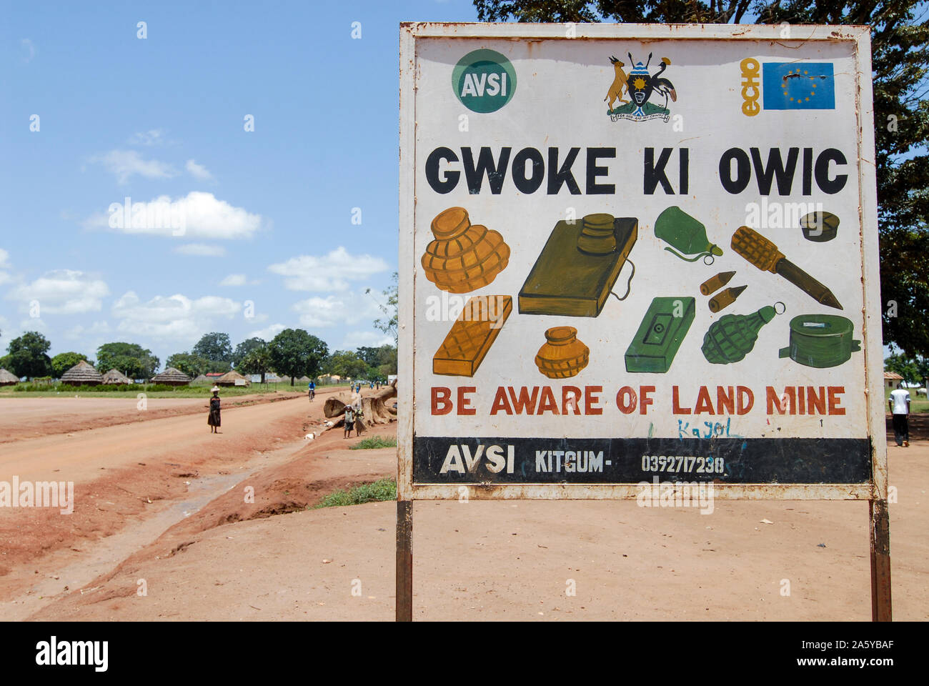 UGANDA, Kitgum, land mine signboard, near IDP camp land mines were used in war between LRA Lords resistance army and Uganda army Stock Photo