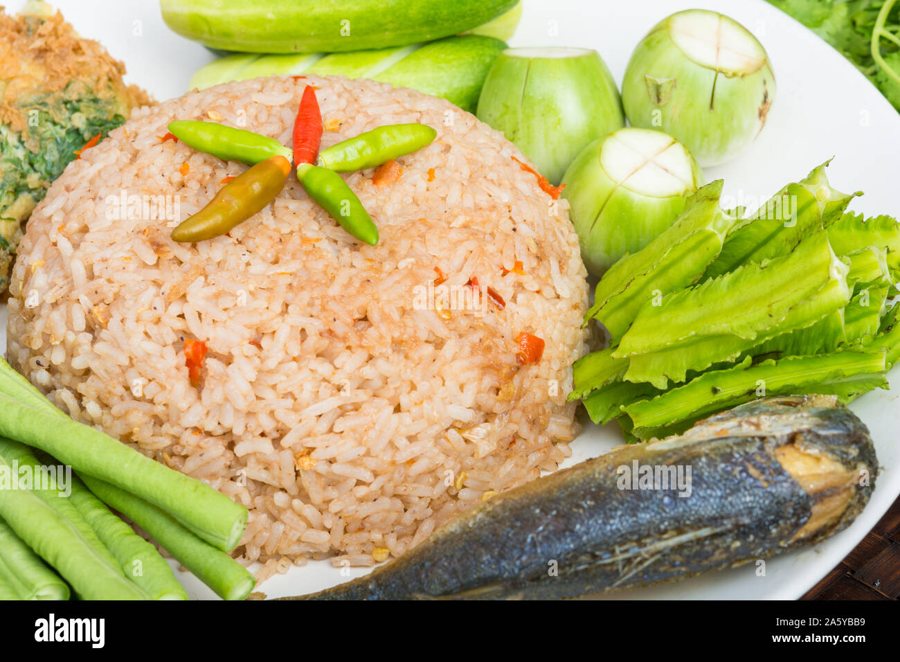 Rice Mixed with Shrimp paste fried mackerel, vegetable Thai food Stock