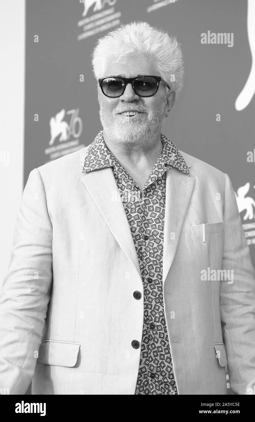 VENICE, ITALY - AUGUST 29,2019: Pedro Almodóvar attends a photocall as he receives the Golden Lion award during the 76th Venice Film Festival Stock Photo