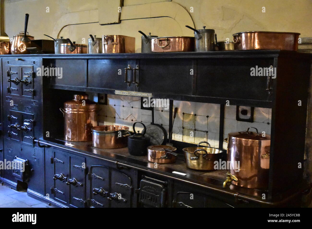 Cooking range, Kitchen, Harewood House, Leeds, Stock Photo