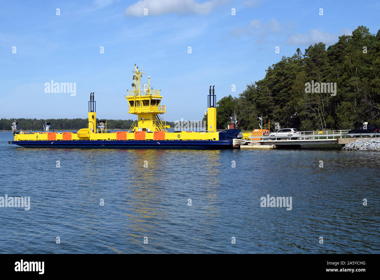 Vartsala cable ferry loading cars. Vartsala ferry is Finland’s largest wire operated ferry. Stock Photo