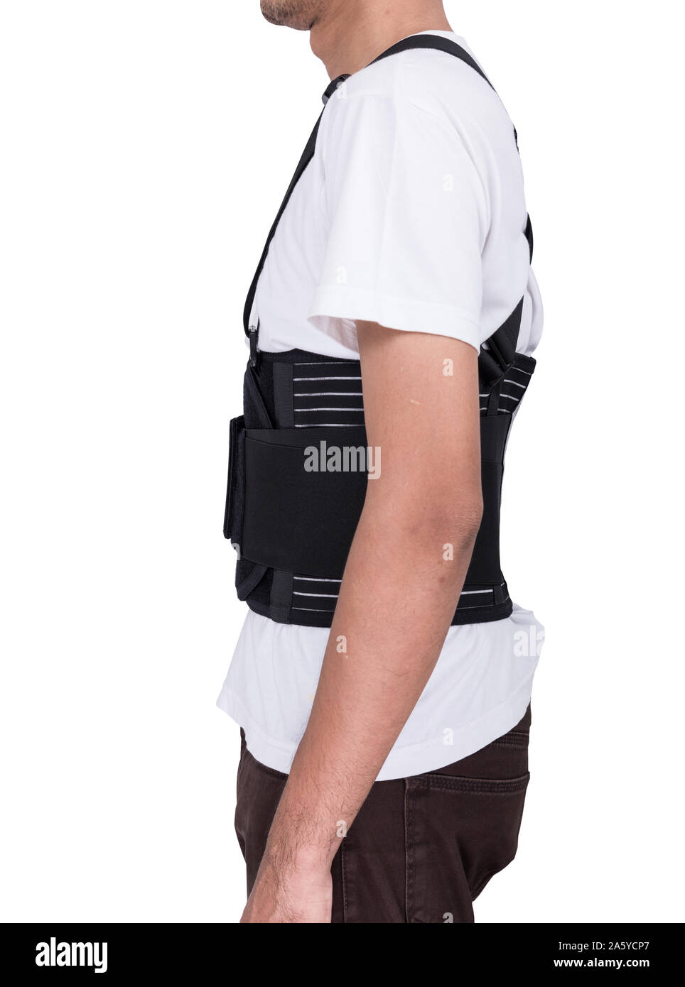 Worker man wear back support belts isolate ob white background Stock