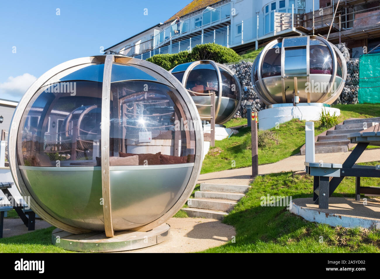Dining pods at the Lobster Pod Bistro in Hope Cove in the South Hams