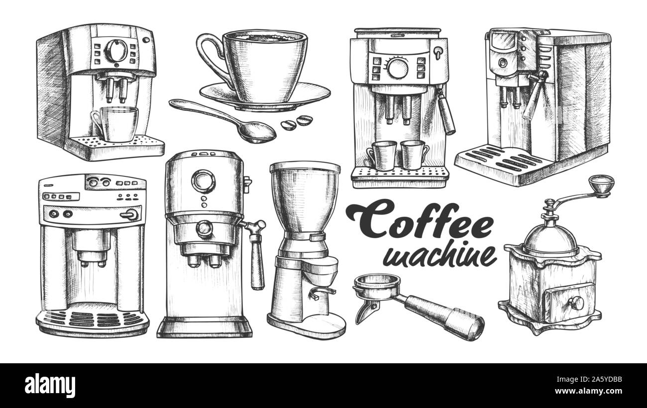 Coffee Machine, Holder And Cup Retro Set Vector Stock Vector Image