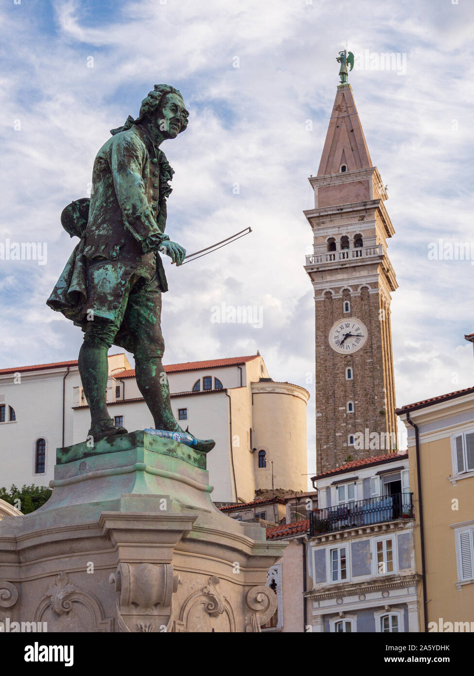 Tartini Statue with Bell Tower in background Piran Slovenia Stock Photo