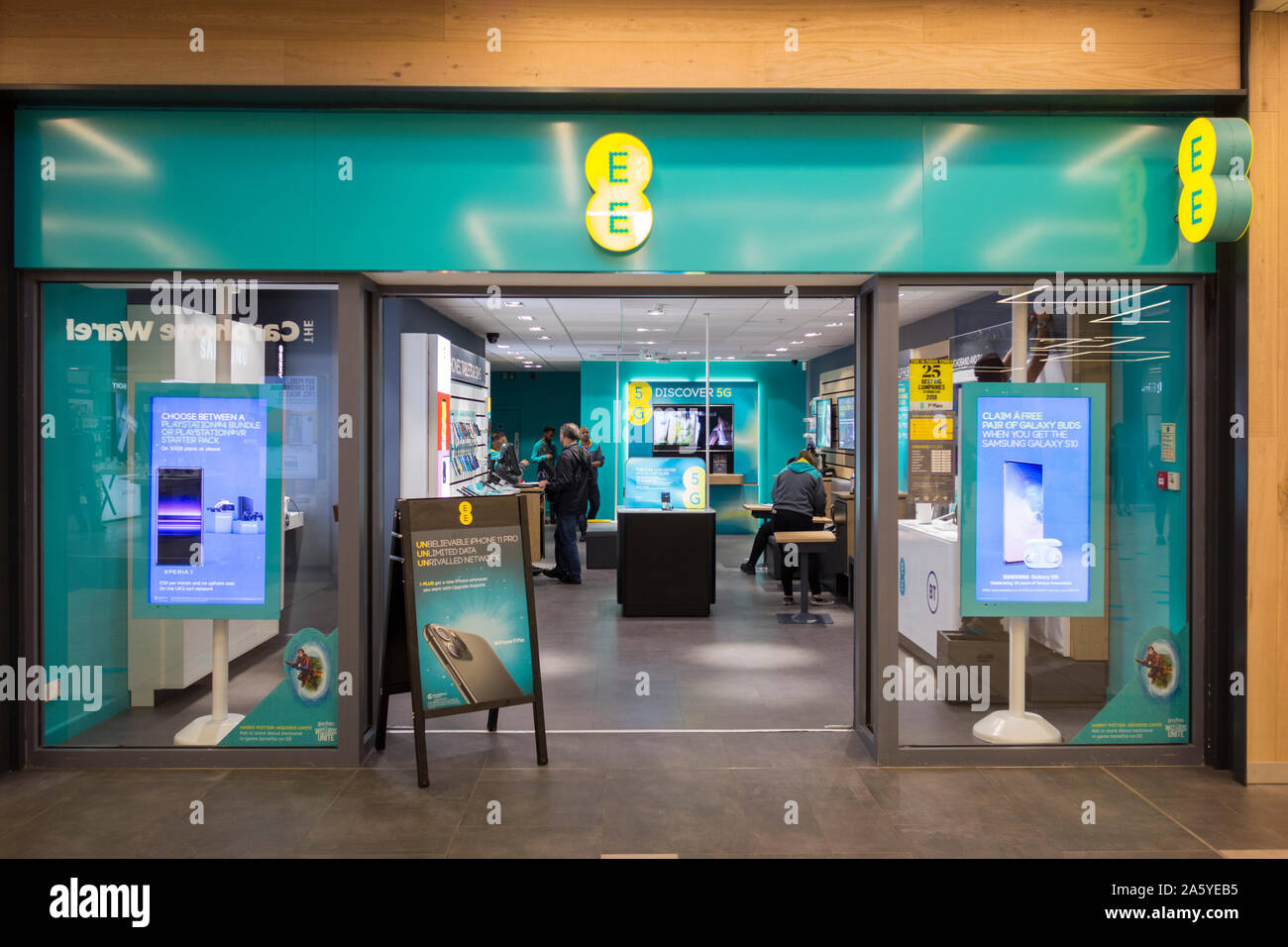 Entrance to EE mobile phone store in King's Mall, Hammersmith shopping