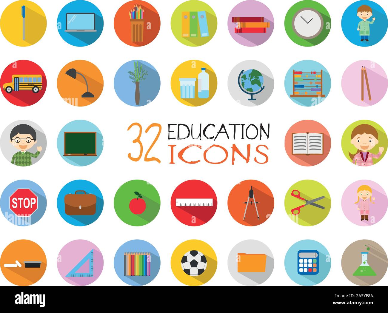 32 Education Icons Set. Colorful, flat style vector Illustration. Stock Vector