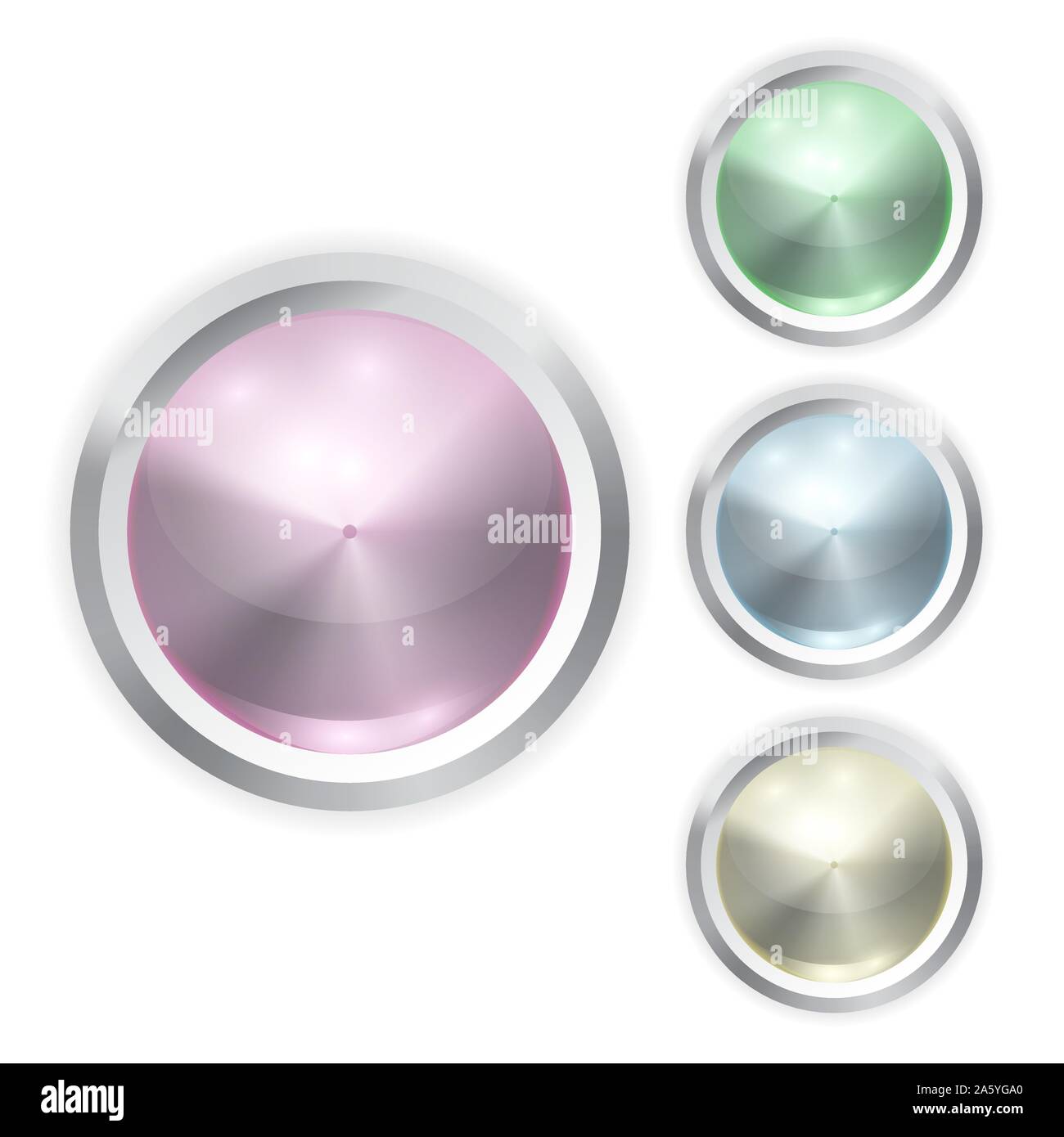 Set of vector realistic color glass button with metal frame, patch of ...