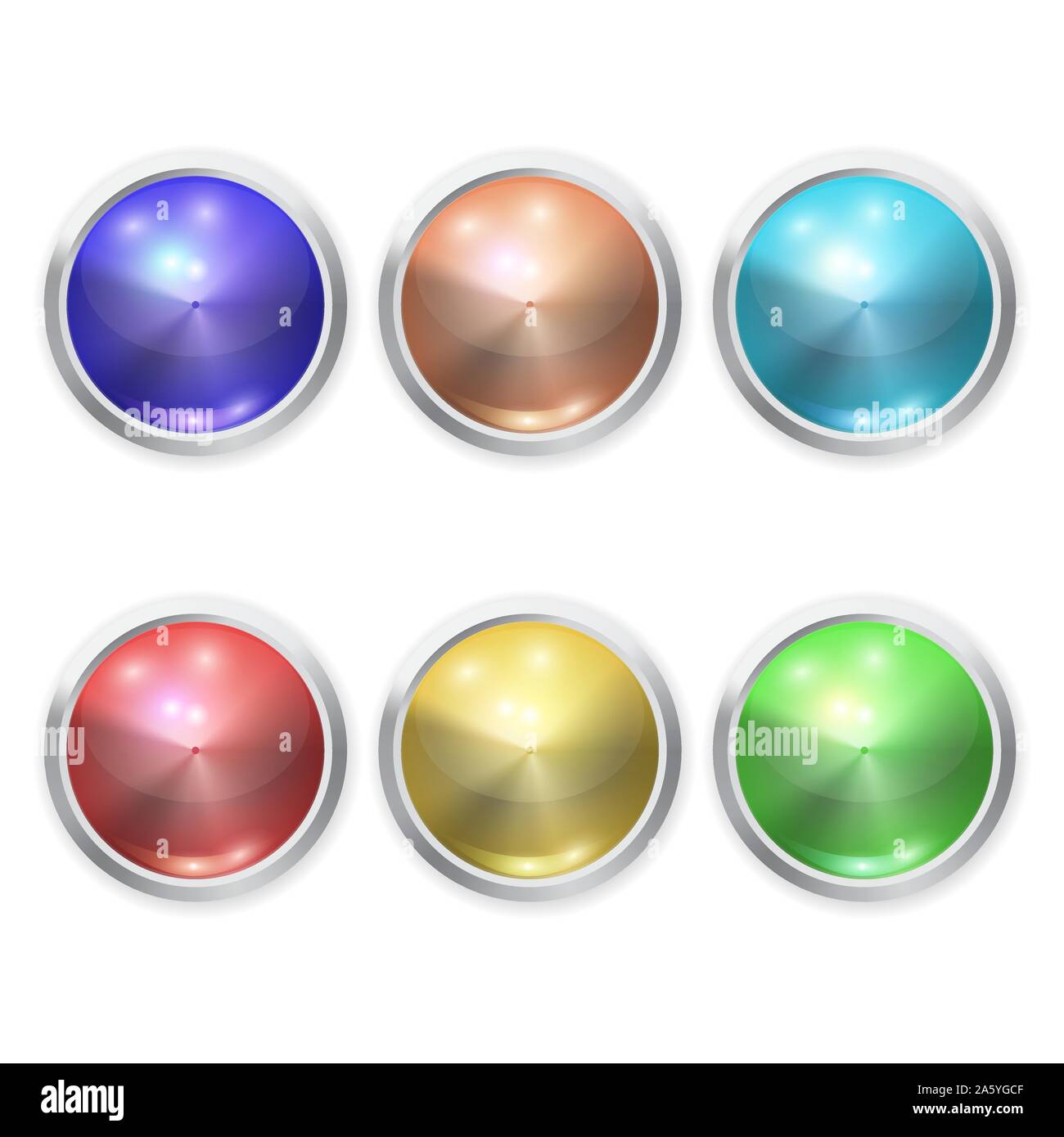 Set of Vector realistic color glass button with metal elements and ...