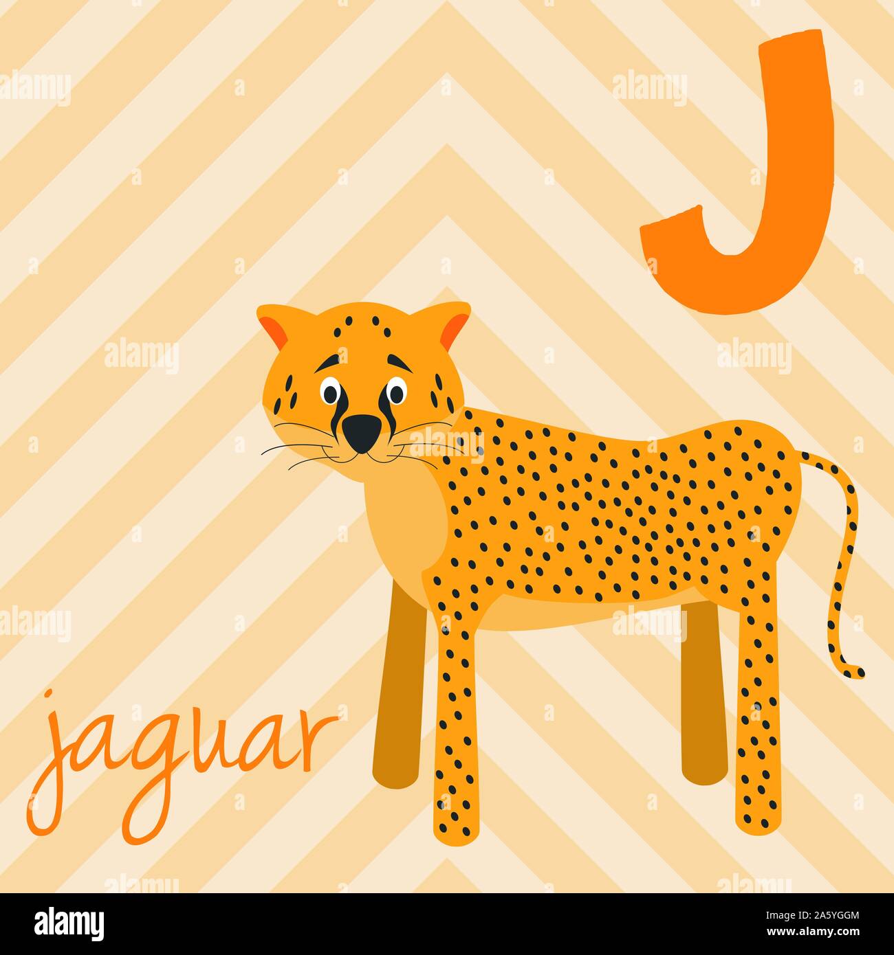 Cute cartoon zoo illustrated alphabet with funny animals: J for Jaguar. English alphabet. Learn to read. Isolated Vector illustration. Stock Vector