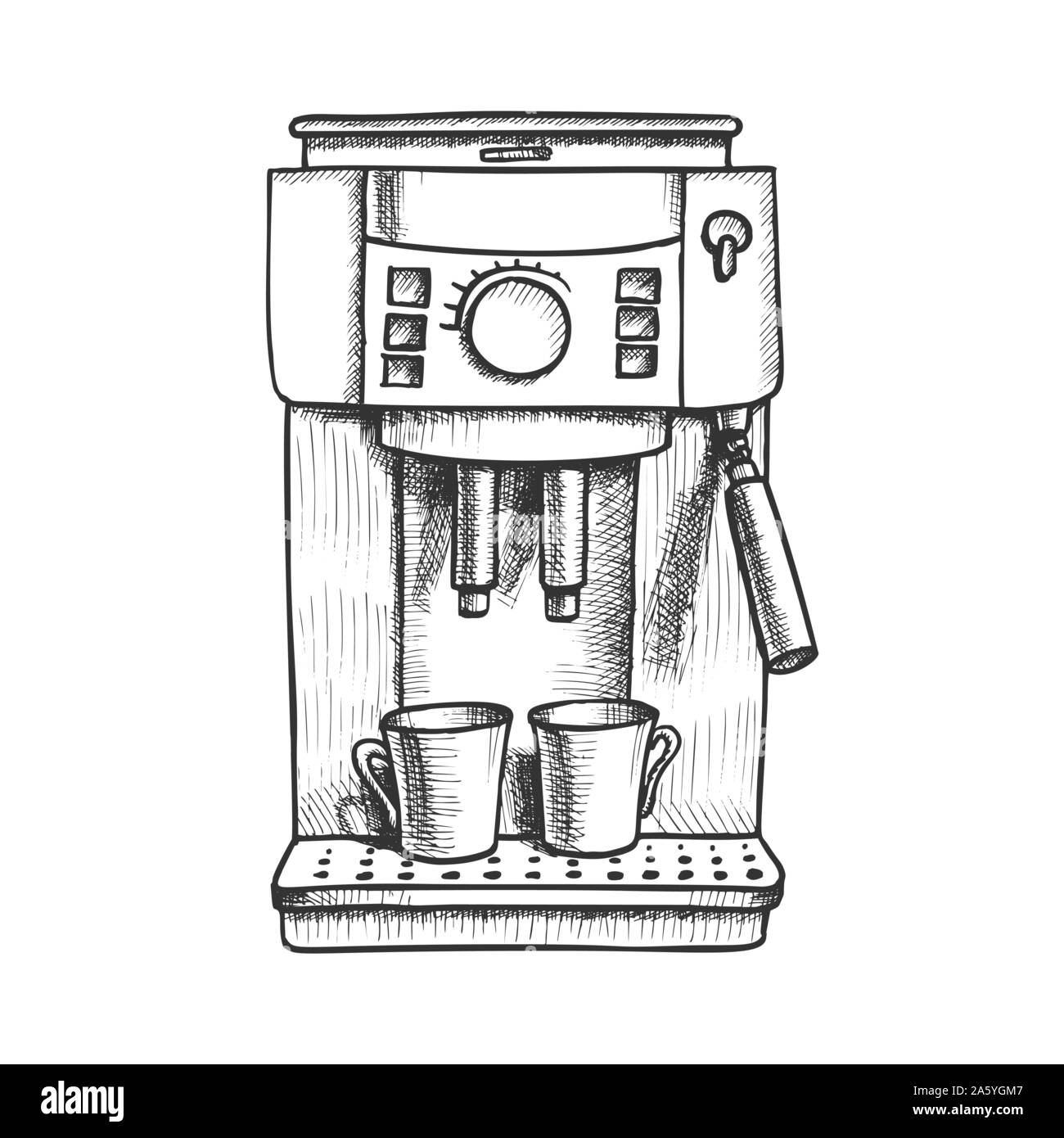 Espresso Machine With Two Cups Monochrome Vector Stock Vector