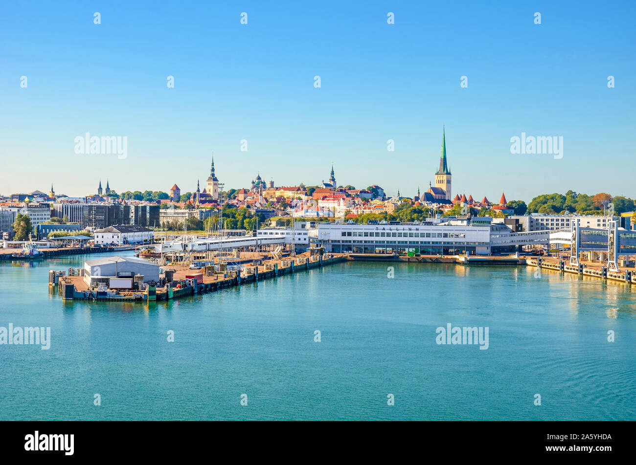 Beautiful cityscape of Tallinn, Estonia photographed from the cruise with harbor by the Gulf of Finland. Estonian capital, Baltic states. Cruise terminal, historical center. Stock Photo