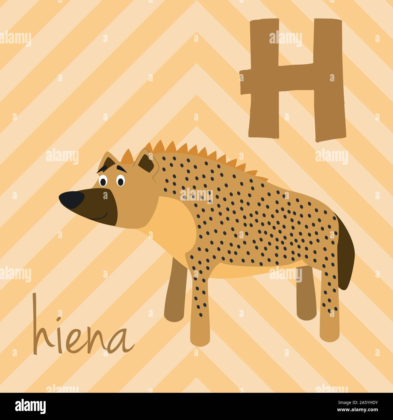 Cute cartoon zoo illustrated alphabet with funny animals. Spanish alphabet: H for Hiena. Learn to read. Isolated Vector illustration. Stock Vector