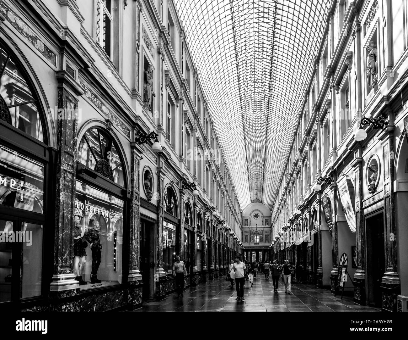 Brussels, Belgium - September 22 2019: People strolling through the historical Galeries Royales Saint-Hubert shopping arcades in Brussels. Stock Photo