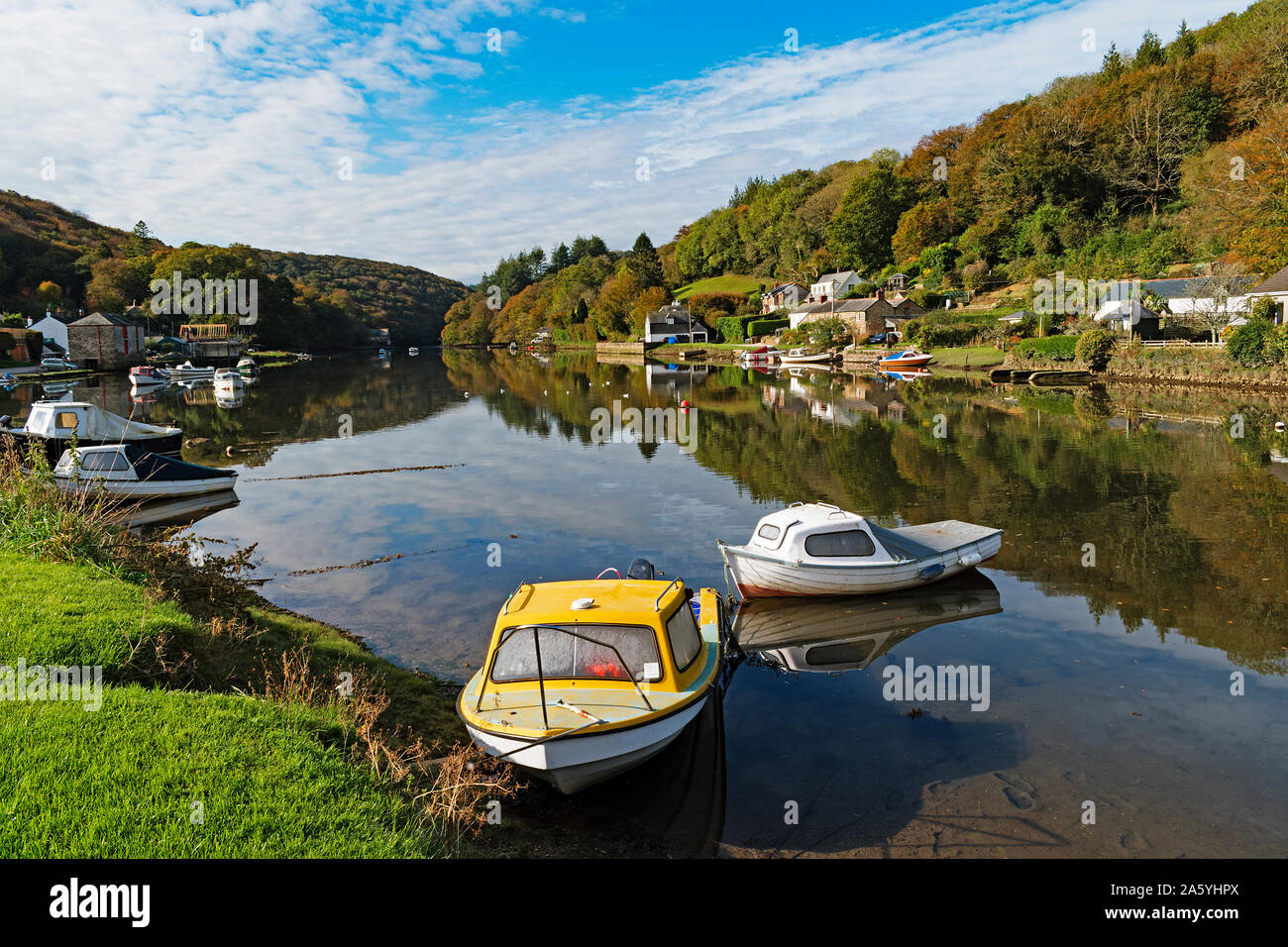 sunny autumn day by the river at lerryn in cornwall, england Stock Photo
