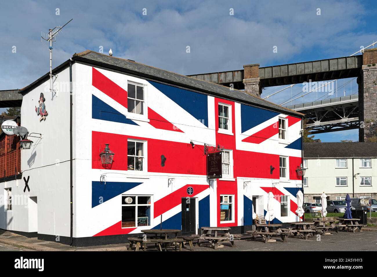 the union pub in saltash, cornwall, england, britain, painted in the style of the union jack flag Stock Photo