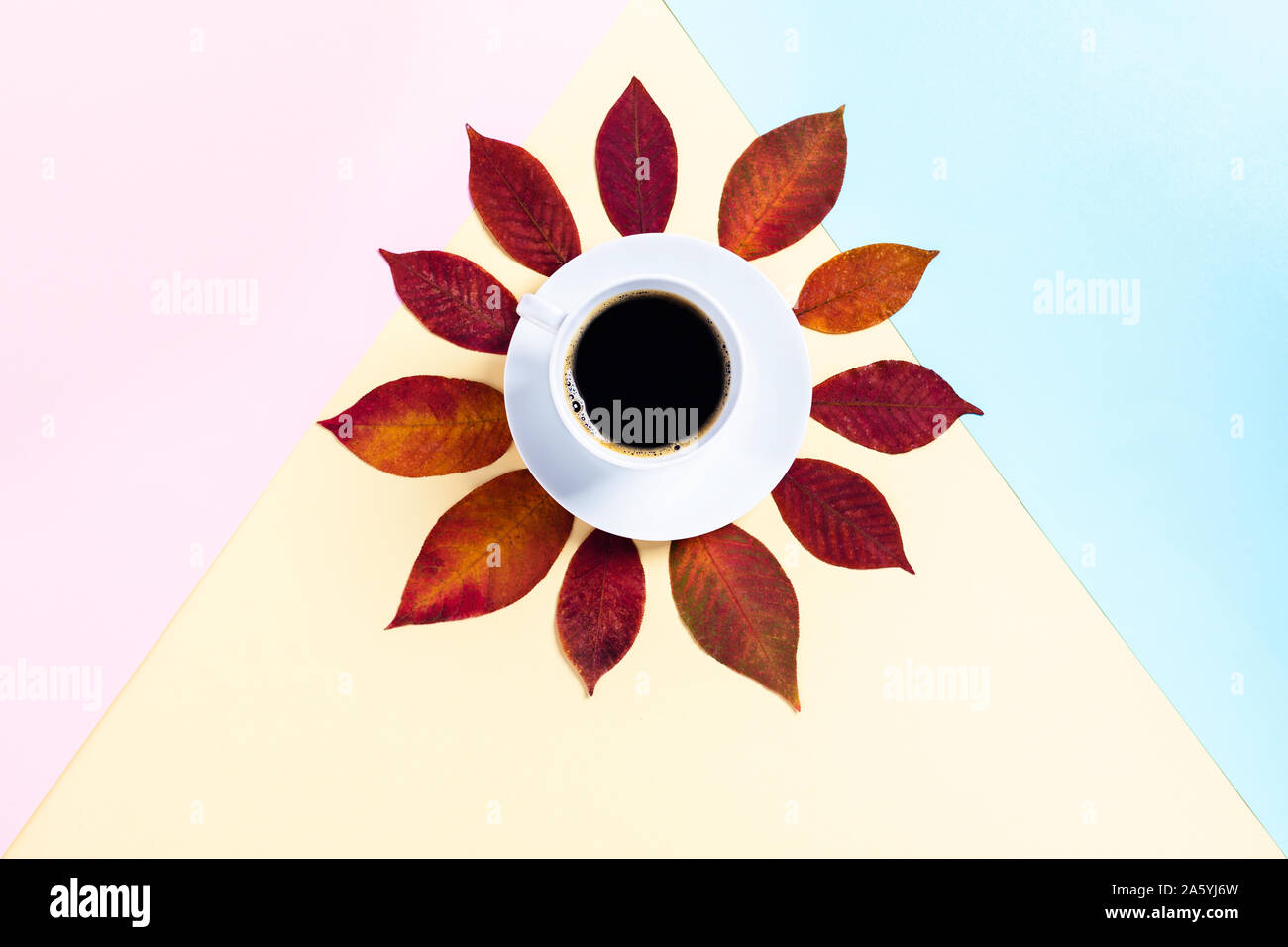 Delicious cappuccino in white Cup with plate on pink blue and yellow background surrounded by autumn leaves. Flat lay, top view. Stock Photo