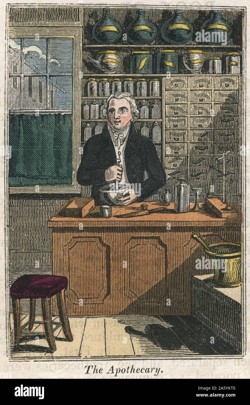 The Apothecary using pestle and mortar to prepare drugs, 1823. From