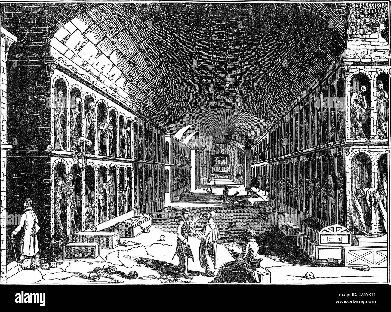 Catacomb of the Capuchin (Franciscan) convent, Palermo, with remains of departed Friars . Woodcut of 1833 Stock Photo