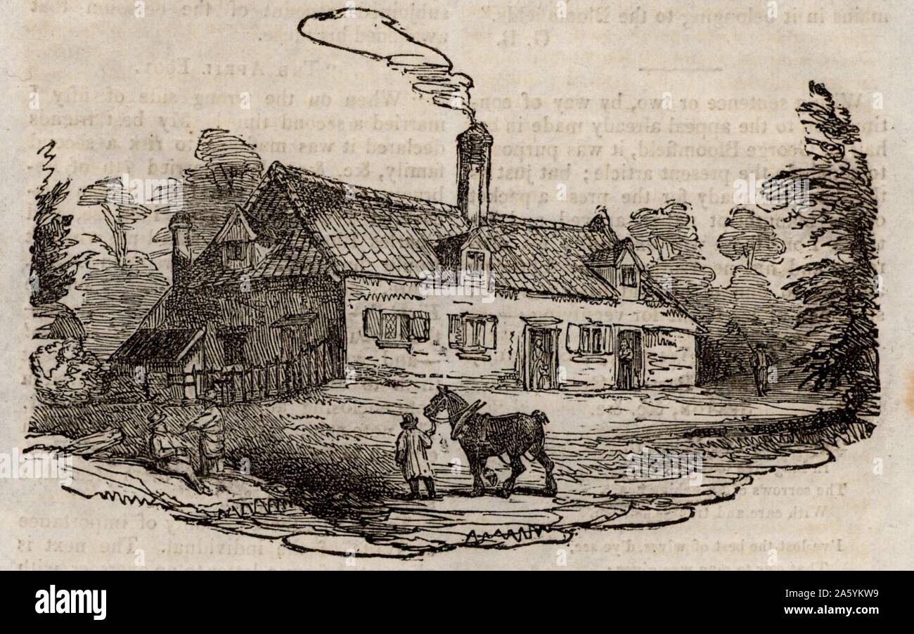 The birthplace of Robert Bloomfield (1766-1823) at Honington, Suffolk. Bloomfield, English farm labourer, shoemaker and poet, remembered now mainly as the author of 'The Farmer's Boy' (1800) a verse tale illustrated by Thomas Bewick. Woodcut from 'The Table Book' by William Hone (London, 1828). Stock Photo