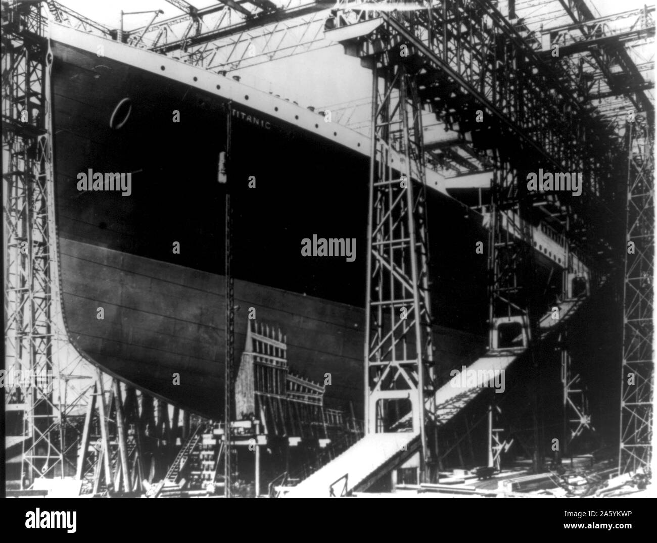 The Titanic, White Star, Liner on the stocks in Harland & Wolff's shipyard, Belfast, Northern Ireland.  She sank on 12 April 1912 after striking an iceberg on her maiden voyage to New York . More than 1,500 lives lost. Disaster Shipwreck Stock Photo