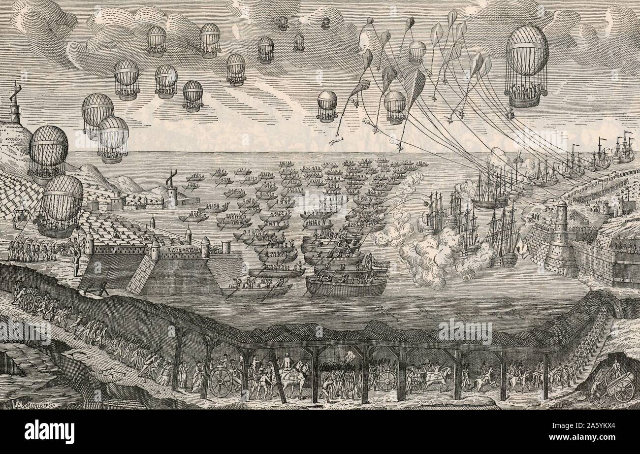 Print published in France in 1803 showing methods of invading England by air, sea, and tunnel. At the left by the harbour, and on the hill overlooking it, are Chappe telegraph towers. French troops are passing through a tunnel under the English Channel. Above them rowing boats full of French troopas are approaching England while, in the air, a fleet of balloons is transporting more troops. Stock Photo