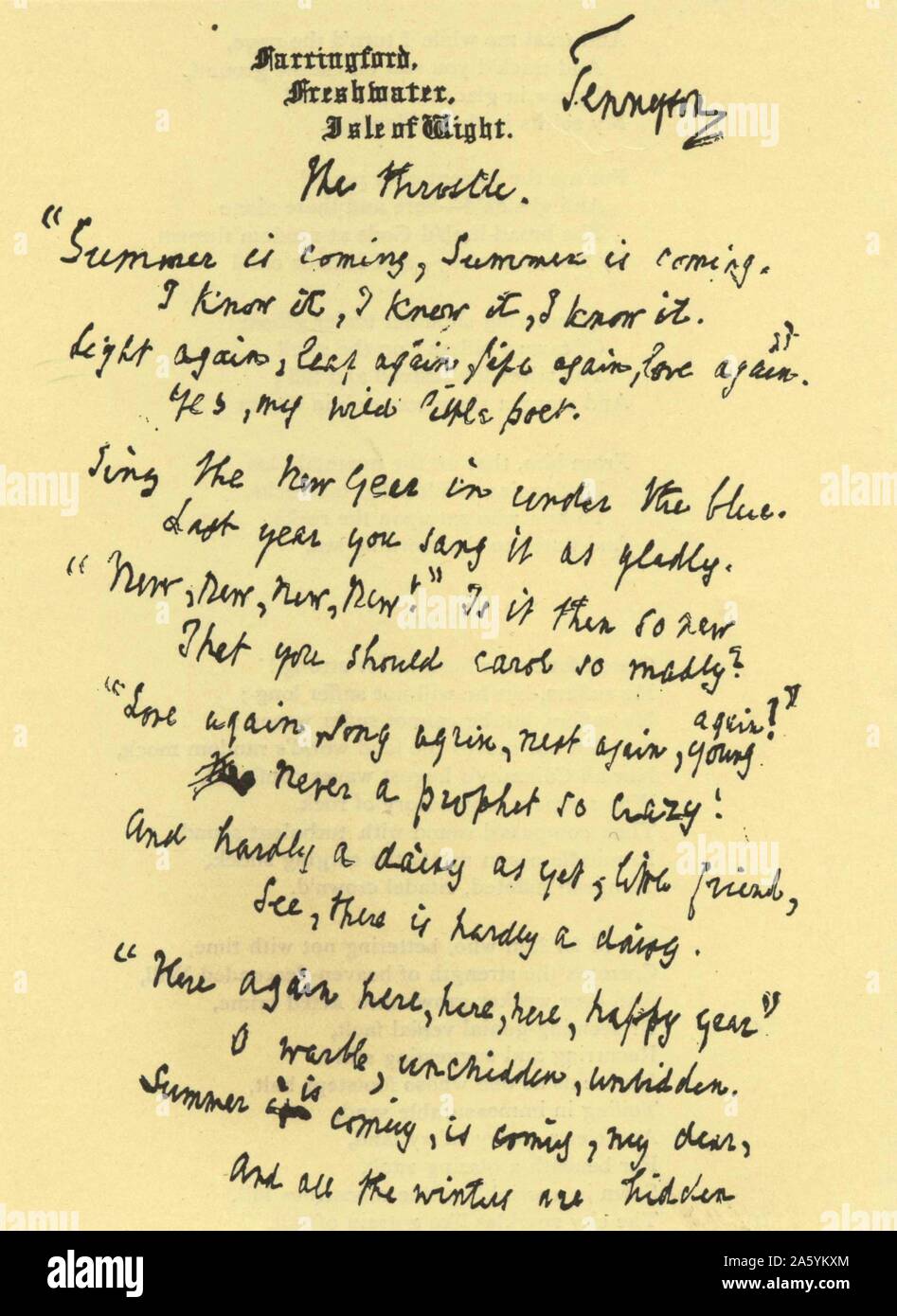 Manuscript of 'The Throstle' the poem by Alfred, Lord Tennyson (1809-1892).  The Throstle is an alternative name for the Song Thrush and the rhythm of the poem borrows from the bird's song. Stock Photo