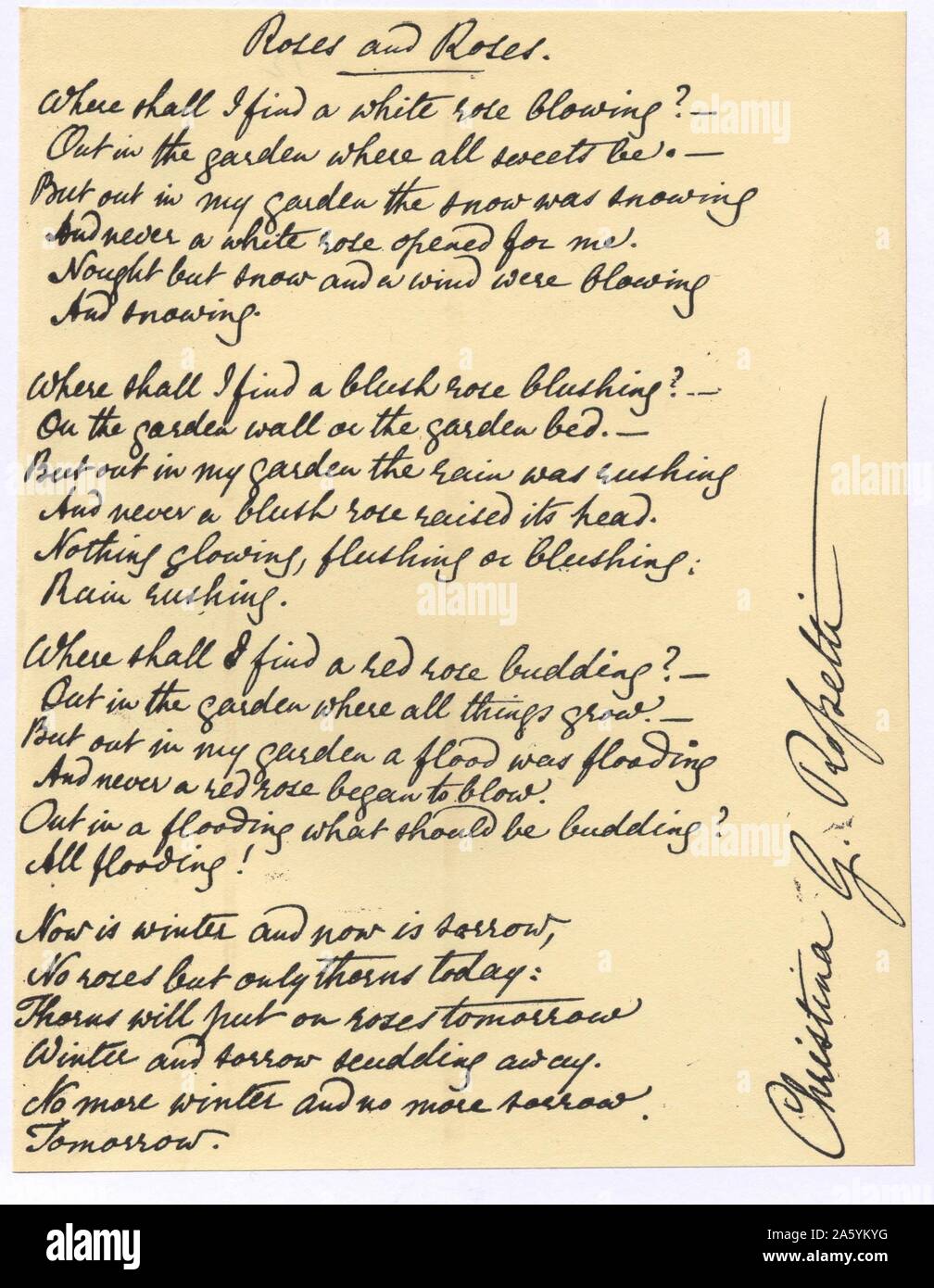 Manuscript of 'Roses and Roses', the poem by Christina Georgina Rosetti (1830-1894). Stock Photo