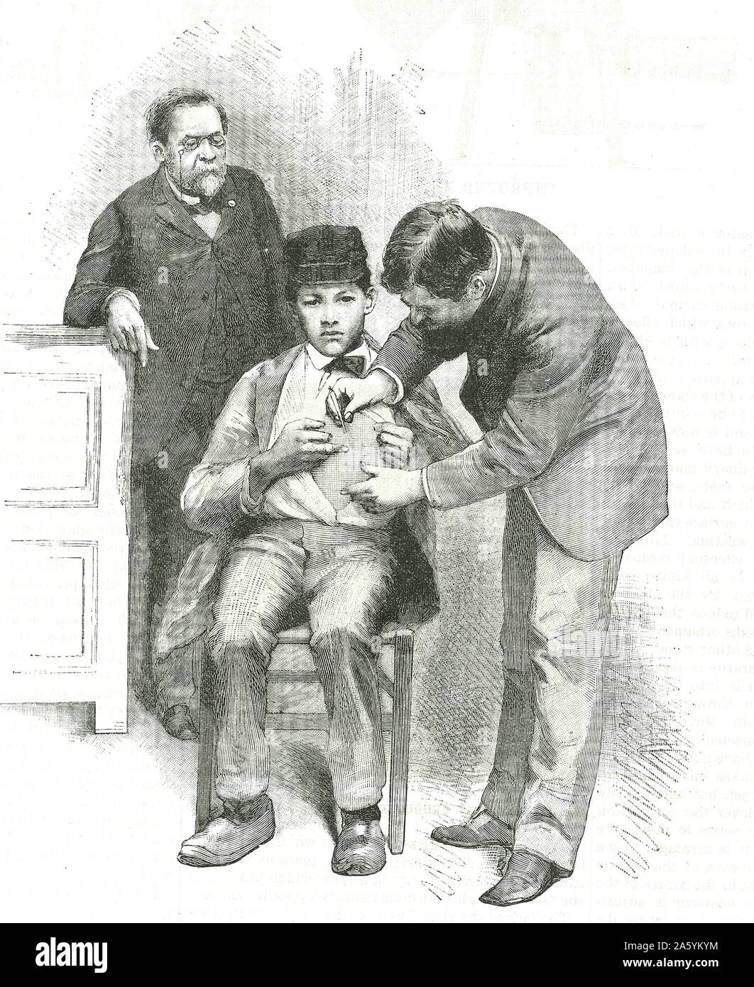 Louis Pasteur (1822-1895) French chemist, looking on as his assistant inoculates Joseph Meister, a shepherd boy who had been bitten by a rabid dog. Engraving from 'Scientific American', New York, 19 December 1885. Stock Photo